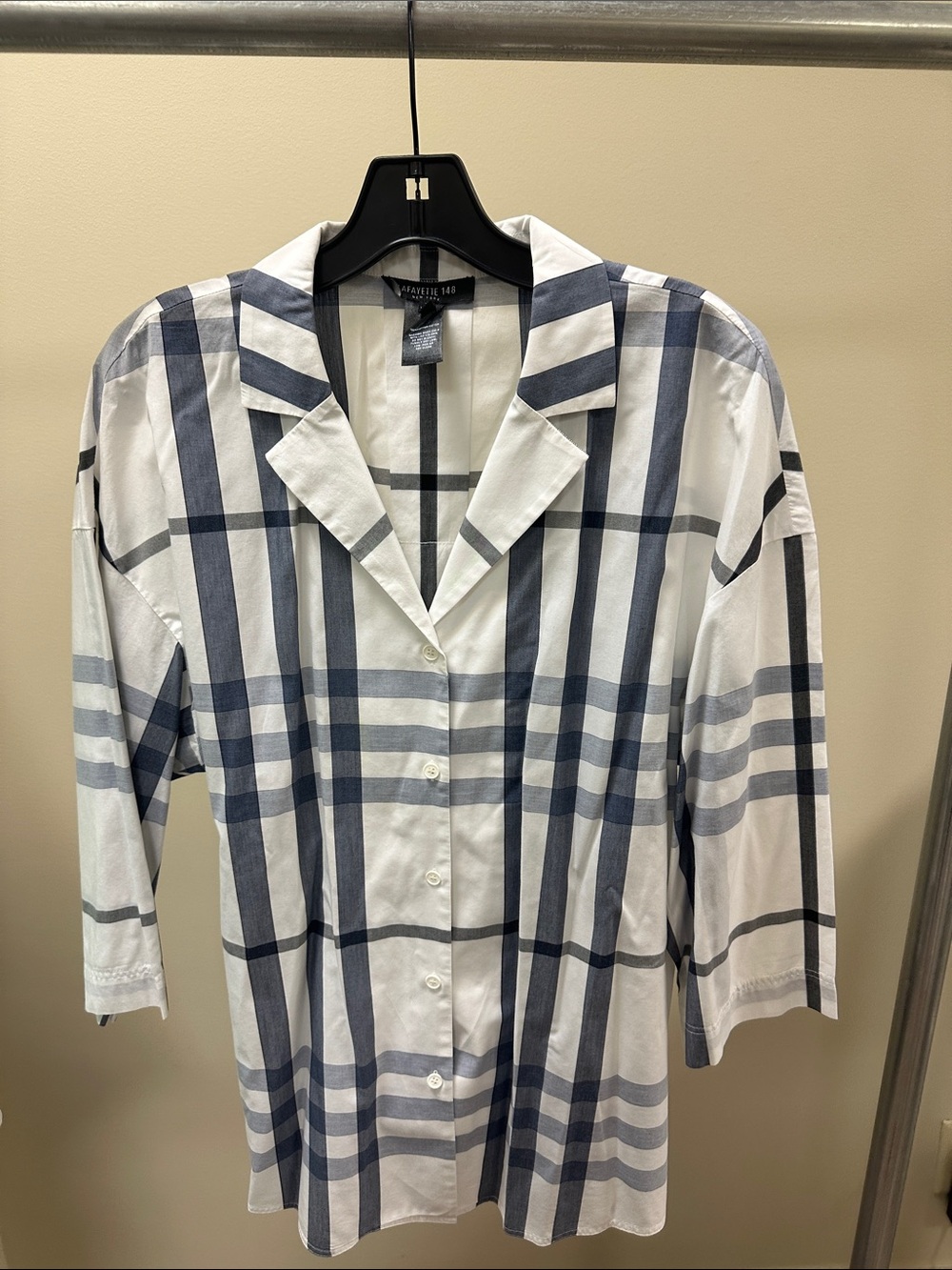 Lafayette 148 New York White and Navy Plaid Button-Front Shirt - Picture 1 of 3